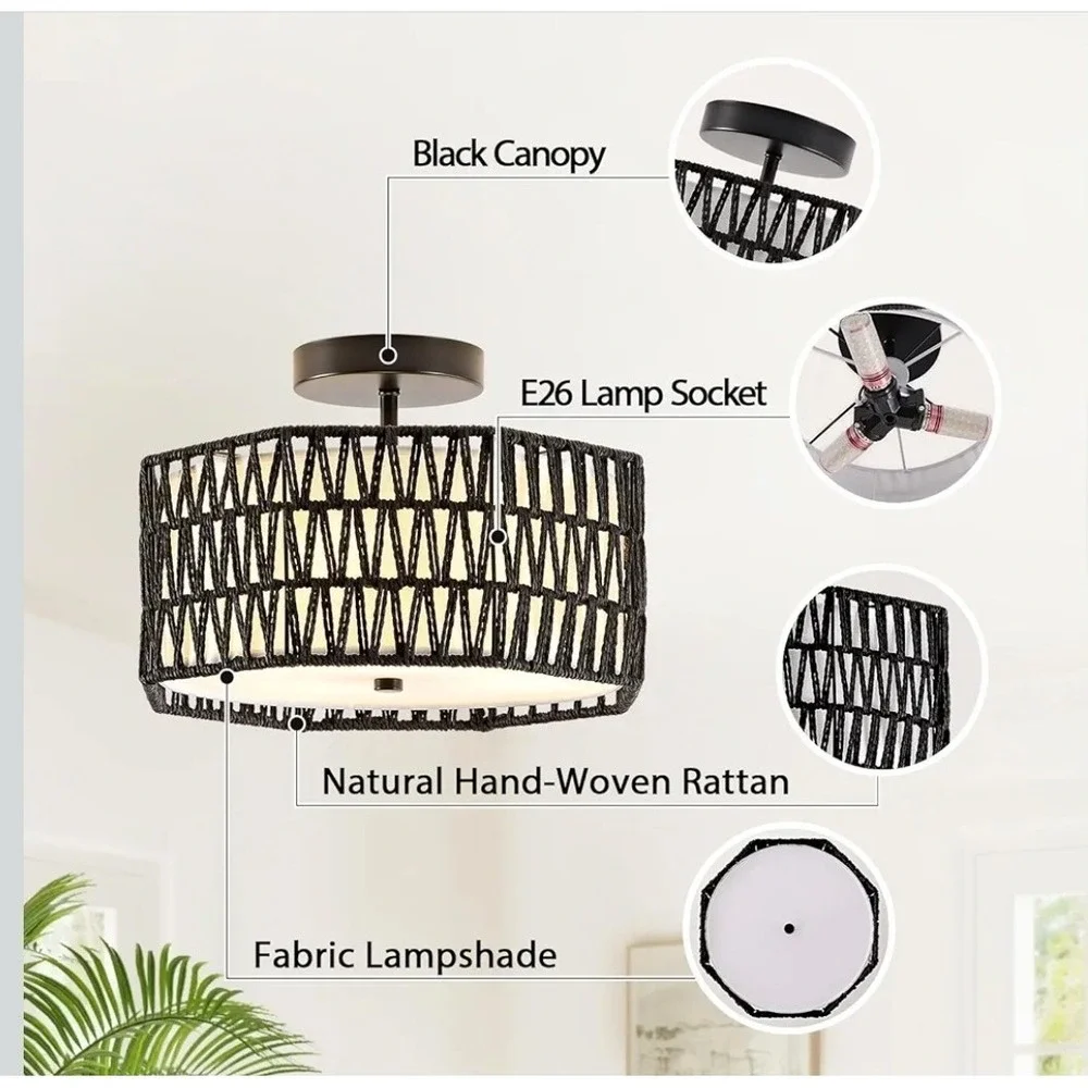 12.6 Octagon Boho Style Rattan Ceiling 3 Light Flush Mount Black Ceiling Light